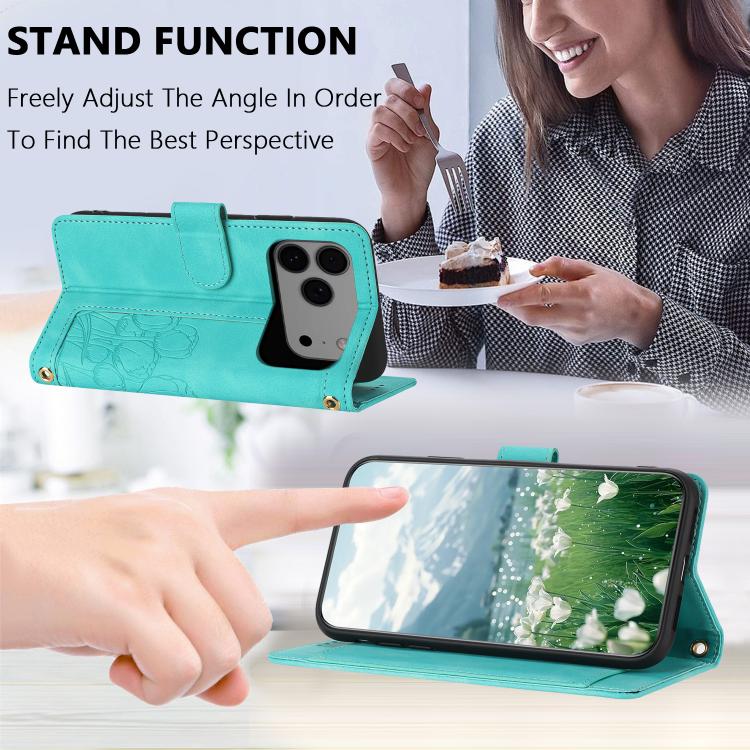 For iPhone 17 Pro Max Tulips Embossed Leather Phone Case with Lanyard