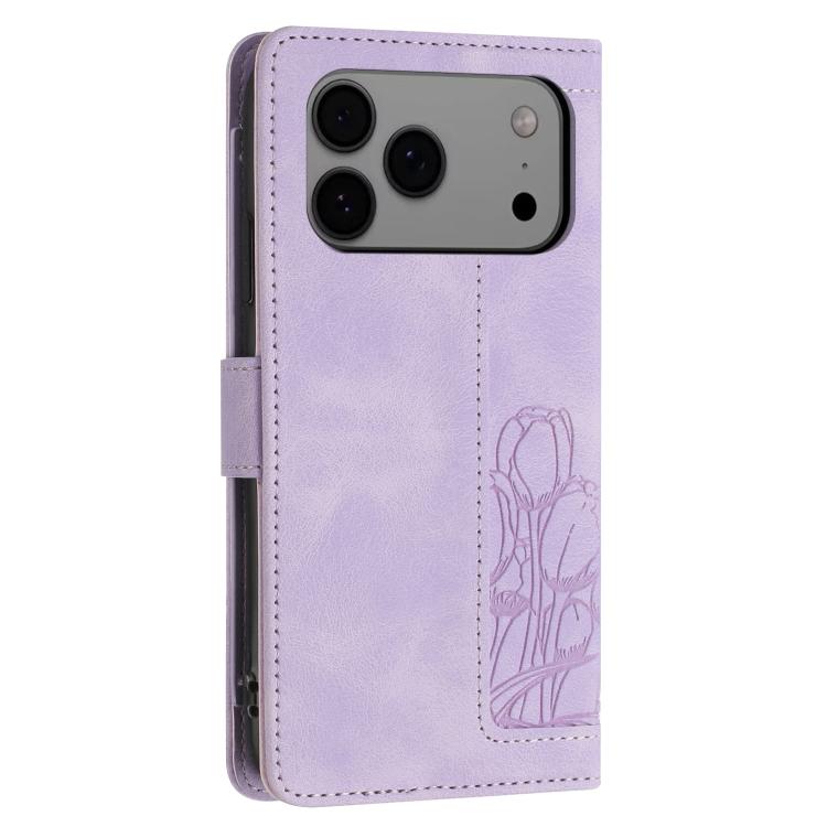 For iPhone 17 Pro Max Tulips Embossed Leather Phone Case with Lanyard