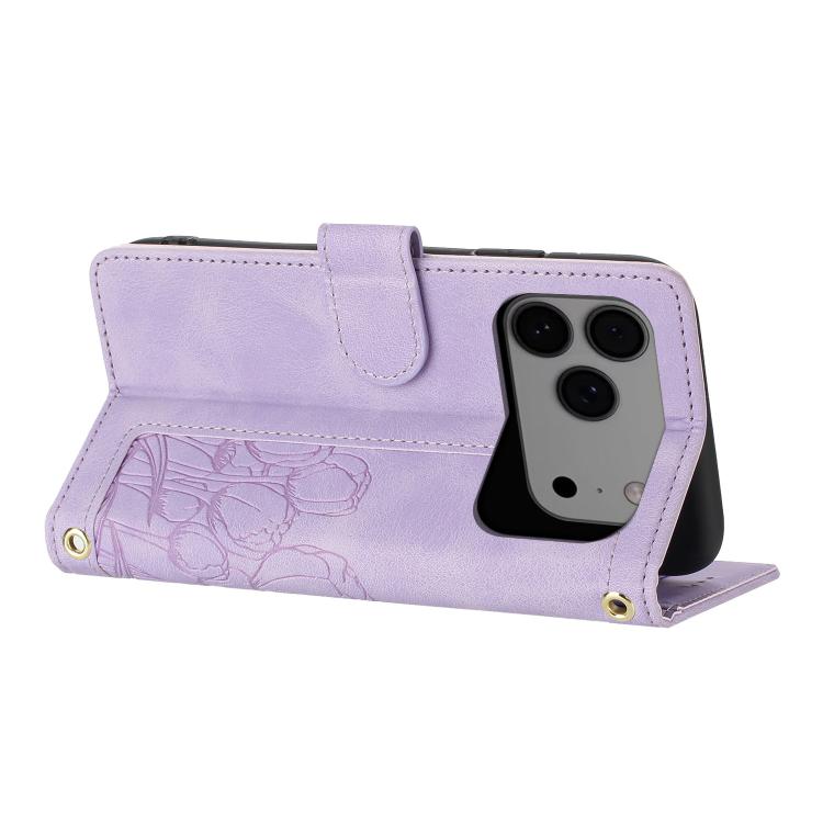 For iPhone 17 Pro Max Tulips Embossed Leather Phone Case with Lanyard