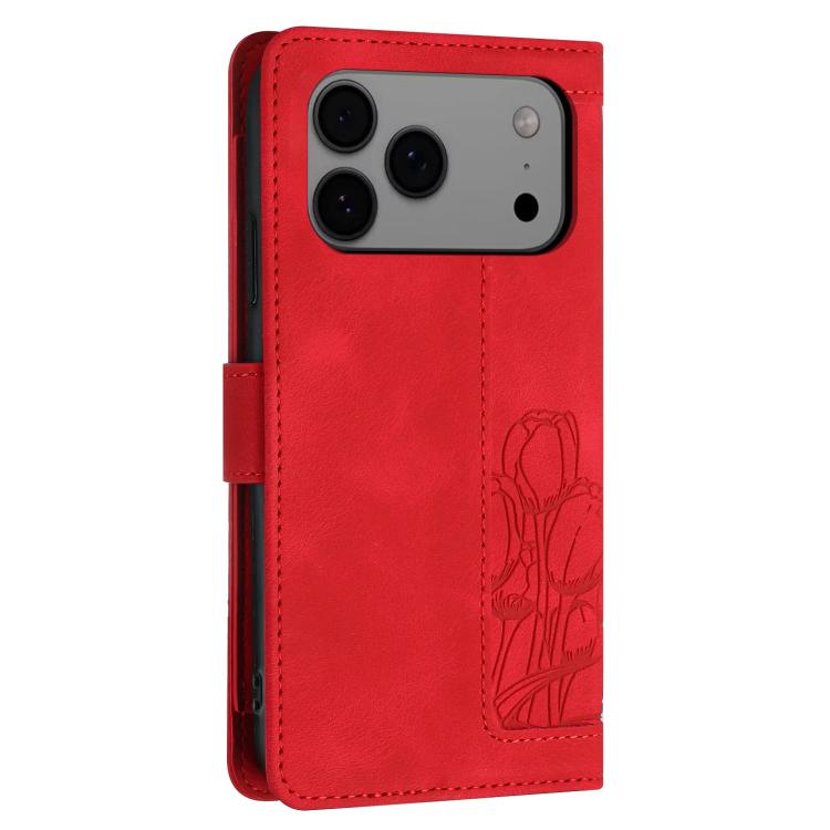 For iPhone 17 Pro Max Tulips Embossed Leather Phone Case with Lanyard