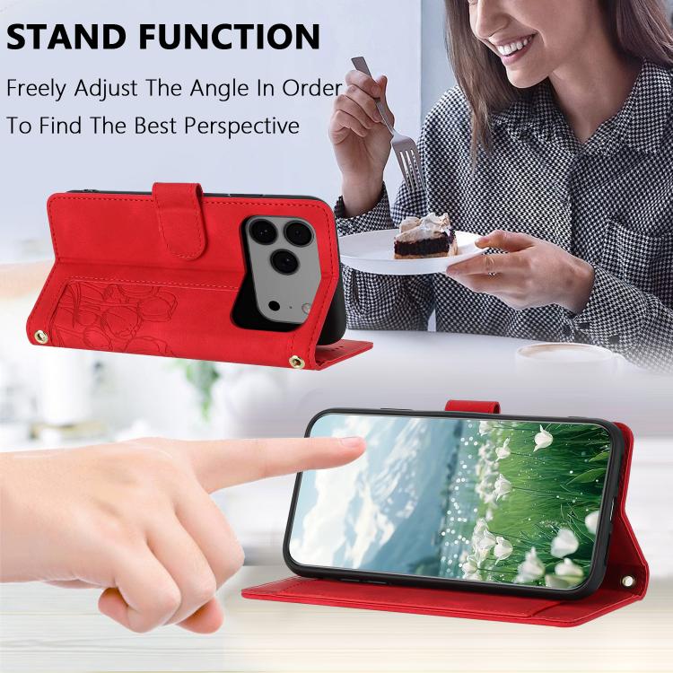For iPhone 17 Pro Max Tulips Embossed Leather Phone Case with Lanyard