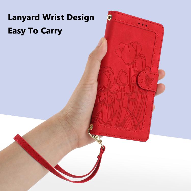 For iPhone 17 Pro Max Tulips Embossed Leather Phone Case with Lanyard