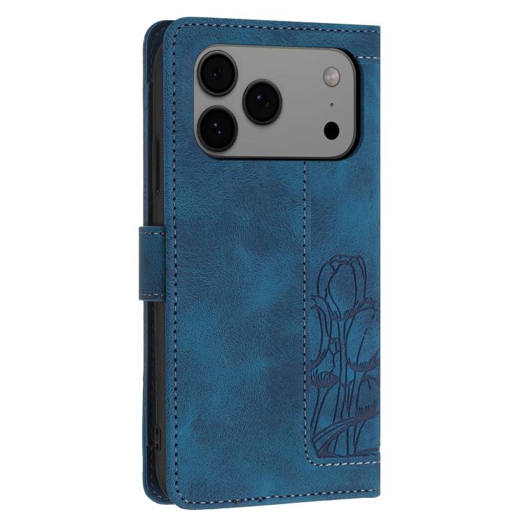For iPhone 17 Pro Max Tulips Embossed Leather Phone Case with Lanyard