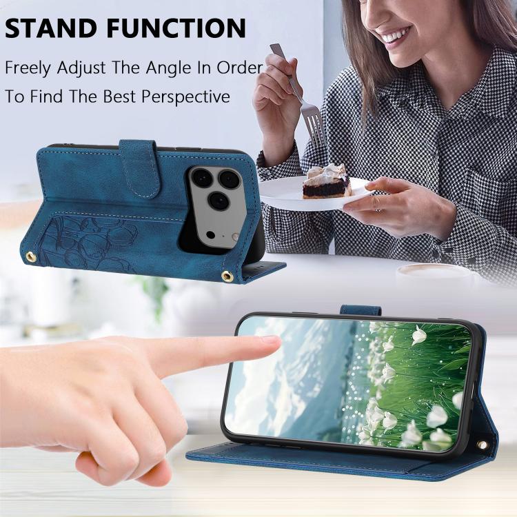 For iPhone 17 Pro Max Tulips Embossed Leather Phone Case with Lanyard