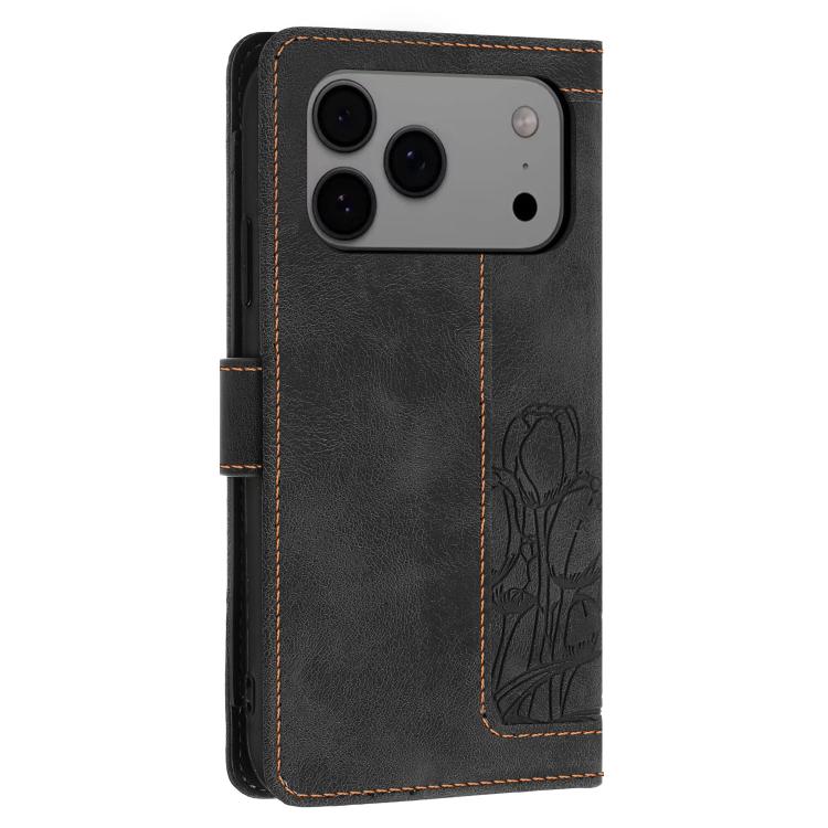 For iPhone 17 Pro Max Tulips Embossed Leather Phone Case with Lanyard