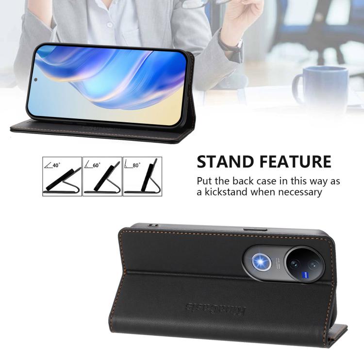 For vivo V50 5G Global RC01 Dual-Folded Magnetic Suction RFID Leather Phone Case