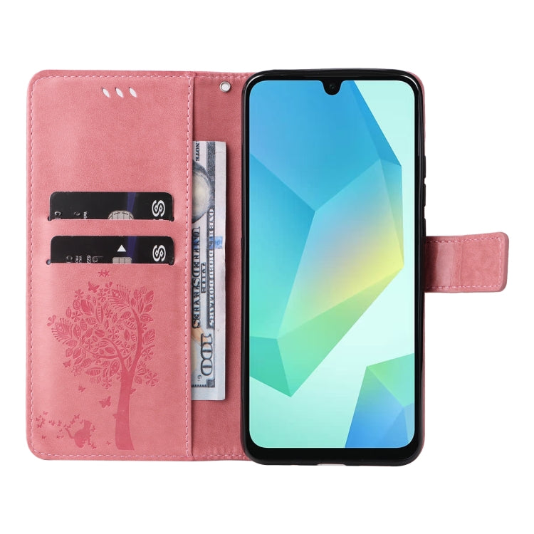 For Samsung Galaxy A26 5G Global Tree & Cat Embossed Pattern Flip Leather Phone Case