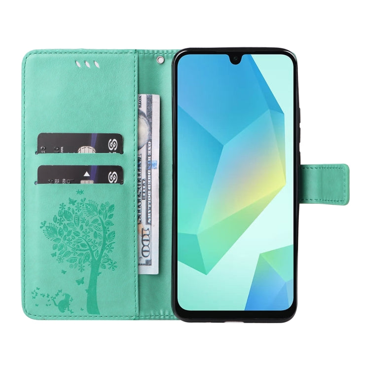 For Samsung Galaxy A26 5G Global Tree & Cat Embossed Pattern Flip Leather Phone Case