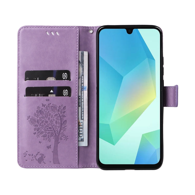 For Samsung Galaxy A26 5G Global Tree & Cat Embossed Pattern Flip Leather Phone Case