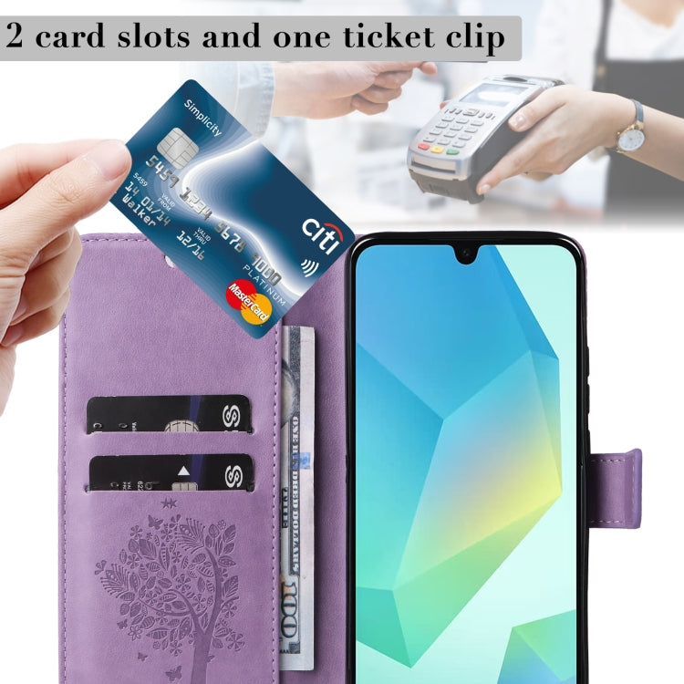 For Samsung Galaxy A26 5G Global Tree & Cat Embossed Pattern Flip Leather Phone Case