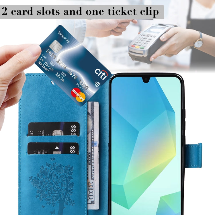 For Samsung Galaxy A26 5G Global Tree & Cat Embossed Pattern Flip Leather Phone Case