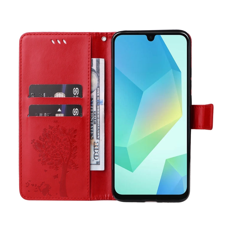 For Samsung Galaxy A26 5G Global Tree & Cat Embossed Pattern Flip Leather Phone Case