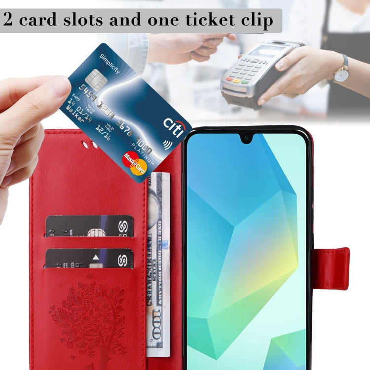 For Samsung Galaxy A26 5G Global Tree & Cat Embossed Pattern Flip Leather Phone Case