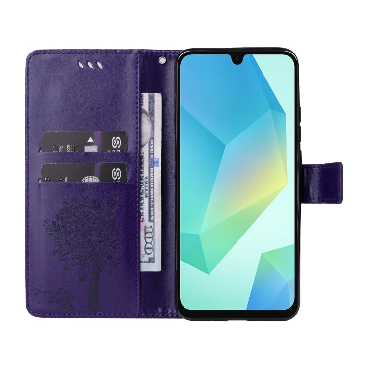 For Samsung Galaxy A26 5G Global Tree & Cat Embossed Pattern Flip Leather Phone Case