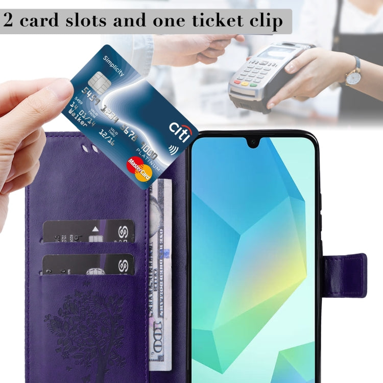 For Samsung Galaxy A26 5G Global Tree & Cat Embossed Pattern Flip Leather Phone Case