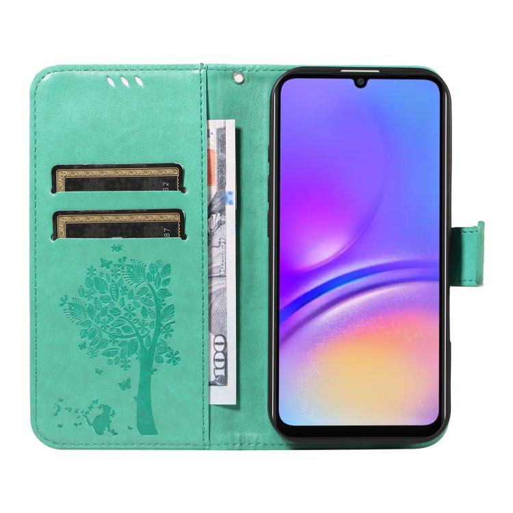 For Samsung Galaxy A06 5G / 4G Tree & Cat Embossed Pattern Flip Leather Phone Case