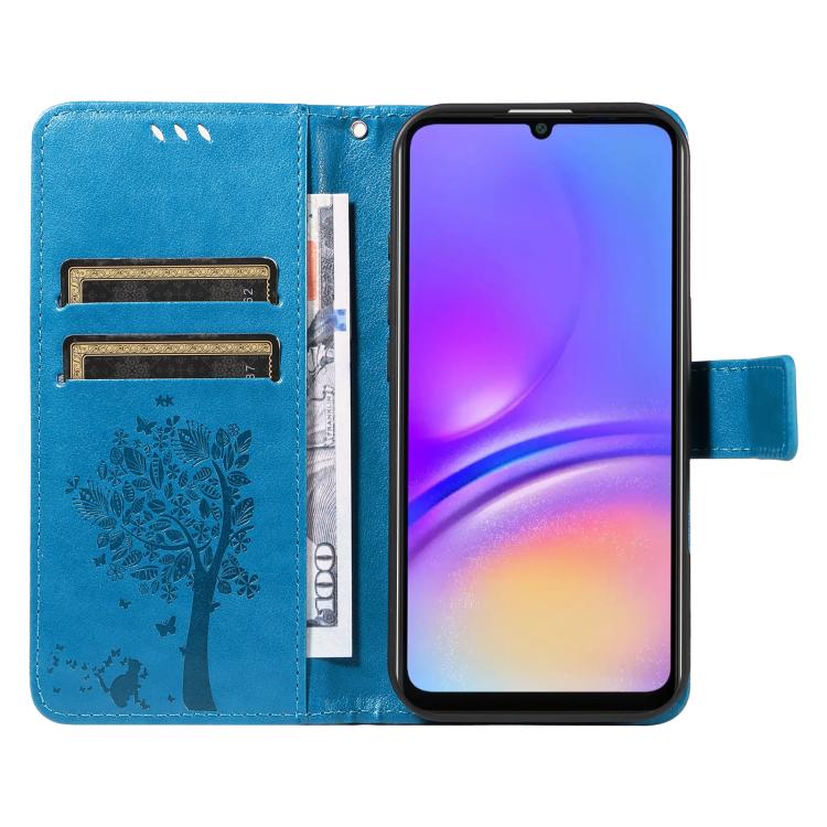 For Samsung Galaxy A06 5G / 4G Tree & Cat Embossed Pattern Flip Leather Phone Case