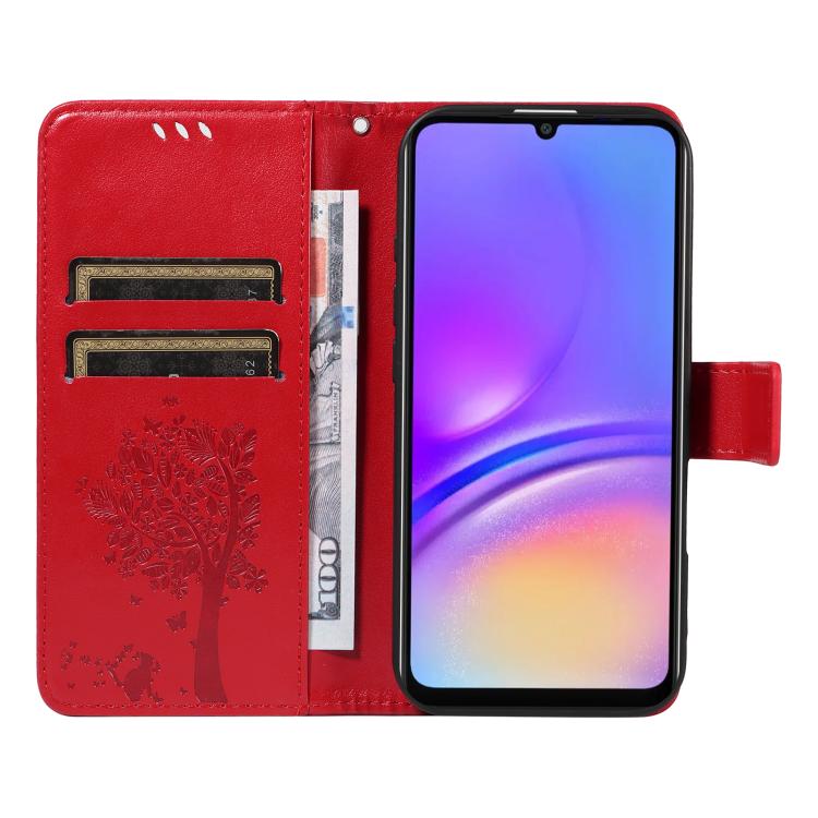 For Samsung Galaxy A06 5G / 4G Tree & Cat Embossed Pattern Flip Leather Phone Case