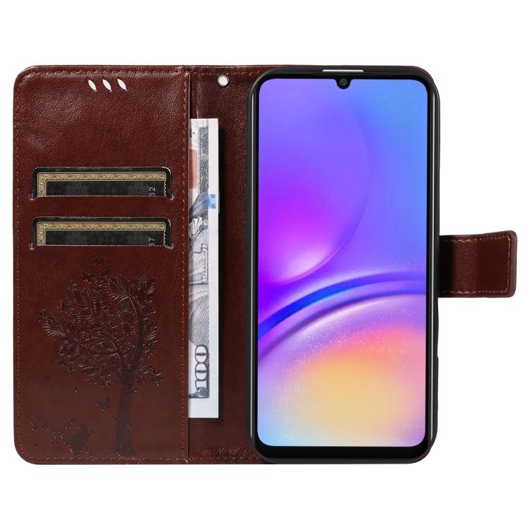 For Samsung Galaxy A06 5G / 4G Tree & Cat Embossed Pattern Flip Leather Phone Case
