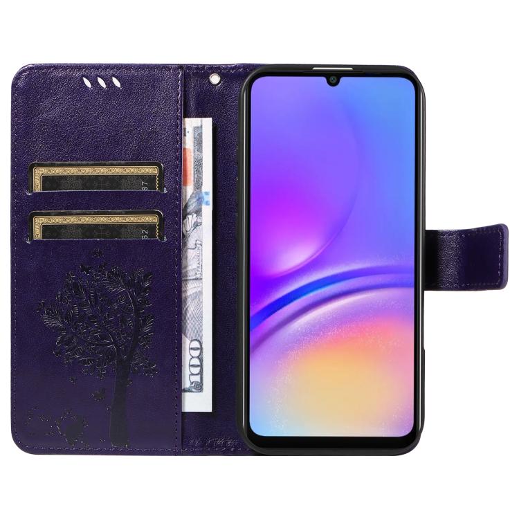 For Samsung Galaxy A06 5G / 4G Tree & Cat Embossed Pattern Flip Leather Phone Case