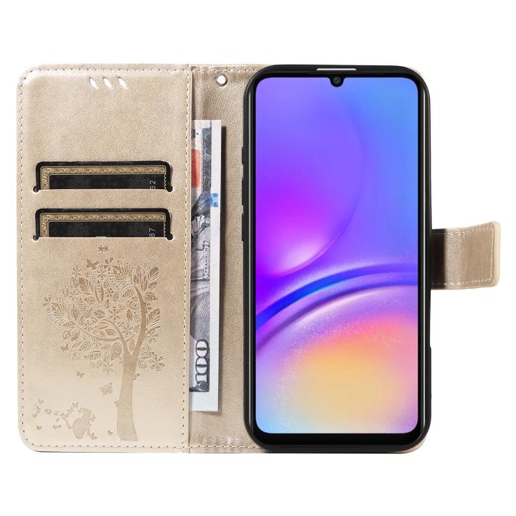 For Samsung Galaxy A06 5G / 4G Tree & Cat Embossed Pattern Flip Leather Phone Case