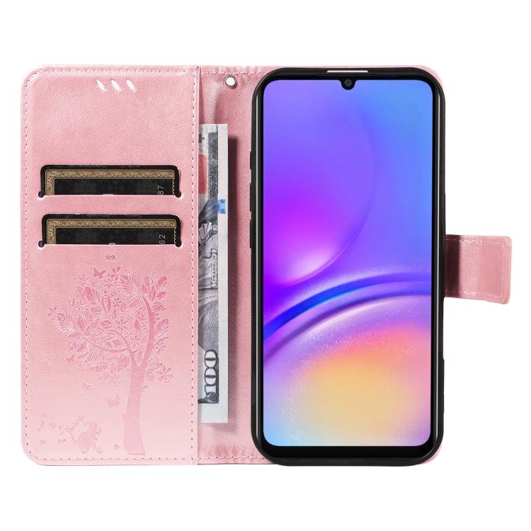 For Samsung Galaxy A06 5G / 4G Tree & Cat Embossed Pattern Flip Leather Phone Case