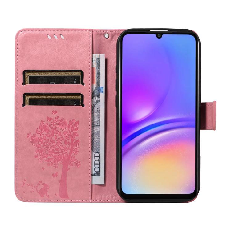For Samsung Galaxy A07 5G Tree & Cat Embossed Pattern Flip Leather Phone Case