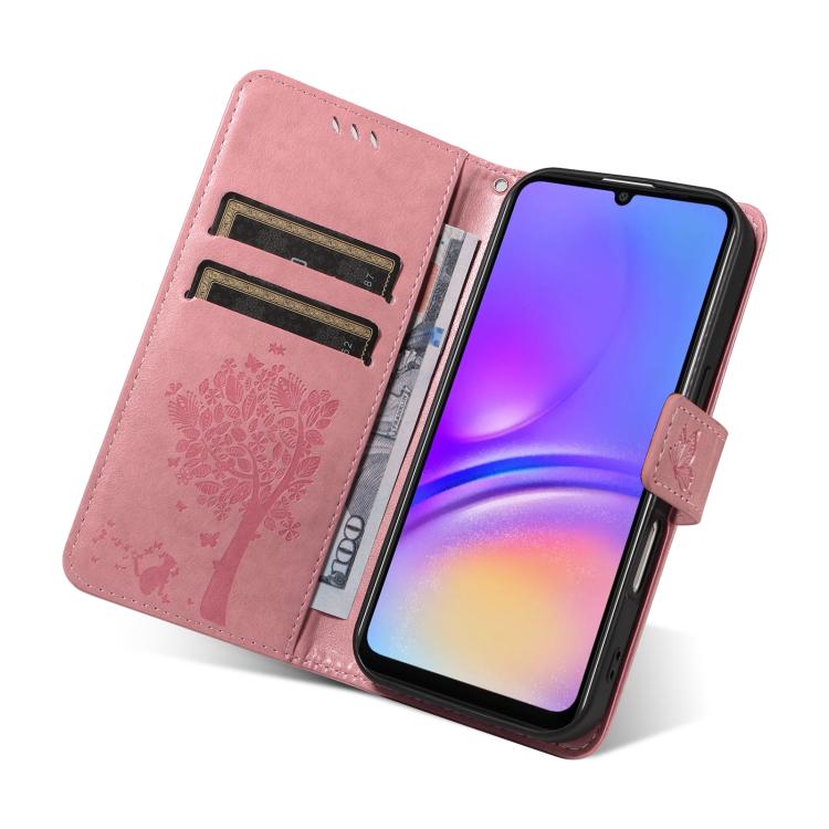For Samsung Galaxy A07 5G Tree & Cat Embossed Pattern Flip Leather Phone Case