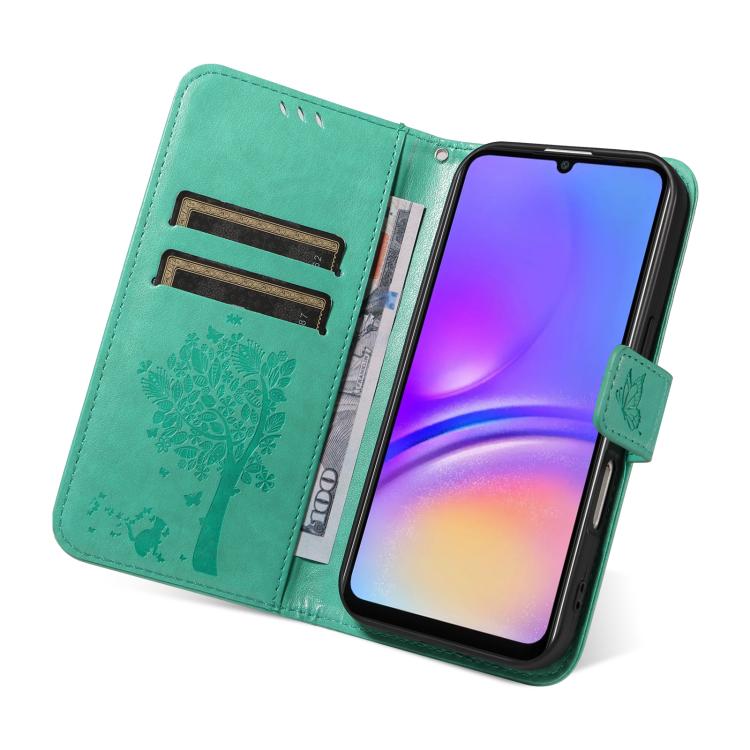 For Samsung Galaxy A07 5G Tree & Cat Embossed Pattern Flip Leather Phone Case