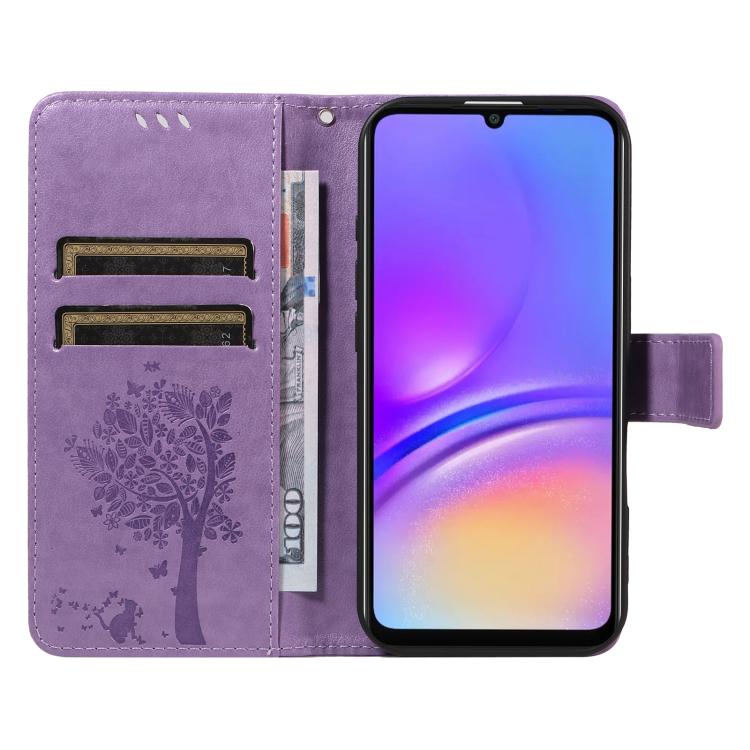 For Samsung Galaxy A07 5G Tree & Cat Embossed Pattern Flip Leather Phone Case