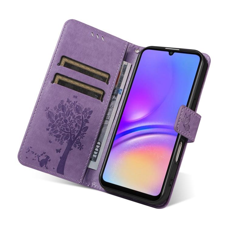 For Samsung Galaxy A07 5G Tree & Cat Embossed Pattern Flip Leather Phone Case