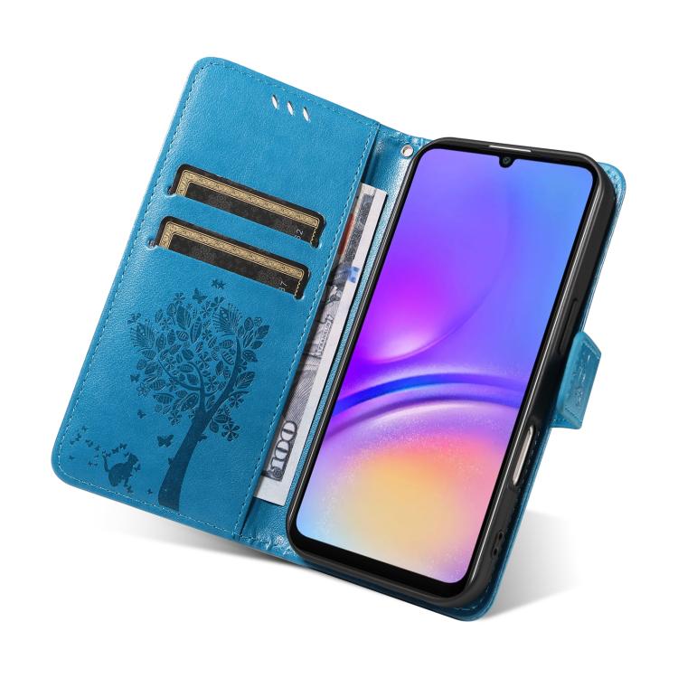 For Samsung Galaxy A07 5G Tree & Cat Embossed Pattern Flip Leather Phone Case