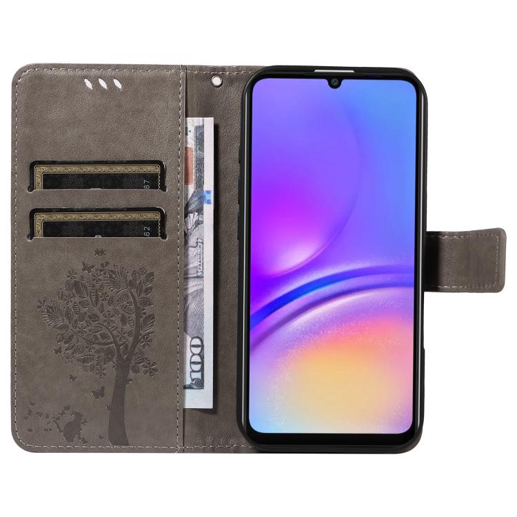 For Samsung Galaxy A07 5G Tree & Cat Embossed Pattern Flip Leather Phone Case