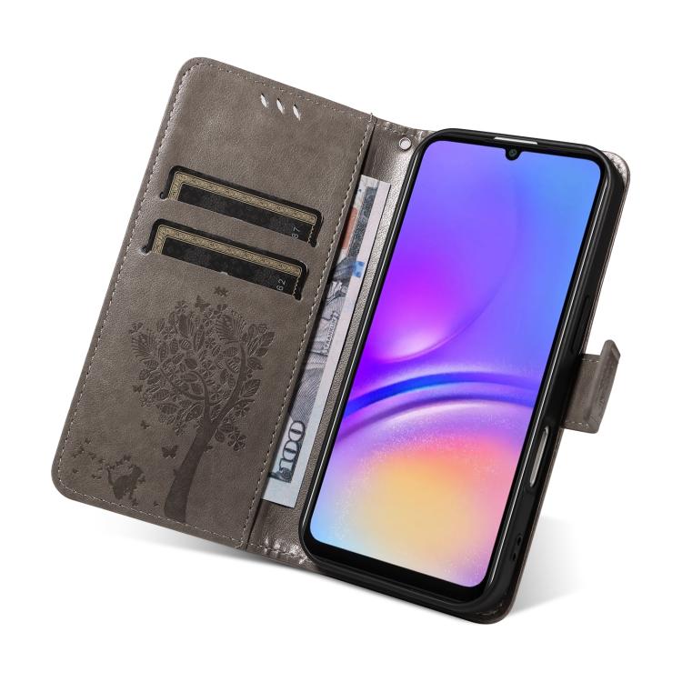 For Samsung Galaxy A07 5G Tree & Cat Embossed Pattern Flip Leather Phone Case