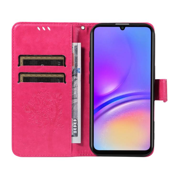 For Samsung Galaxy A07 5G Tree & Cat Embossed Pattern Flip Leather Phone Case