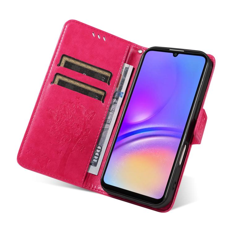 For Samsung Galaxy A07 5G Tree & Cat Embossed Pattern Flip Leather Phone Case