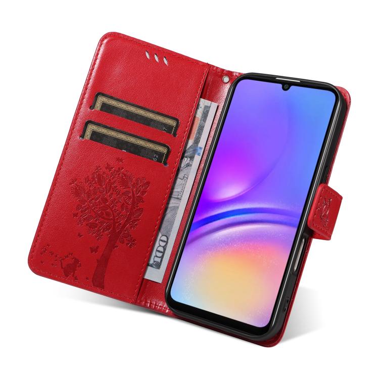For Samsung Galaxy A07 5G Tree & Cat Embossed Pattern Flip Leather Phone Case