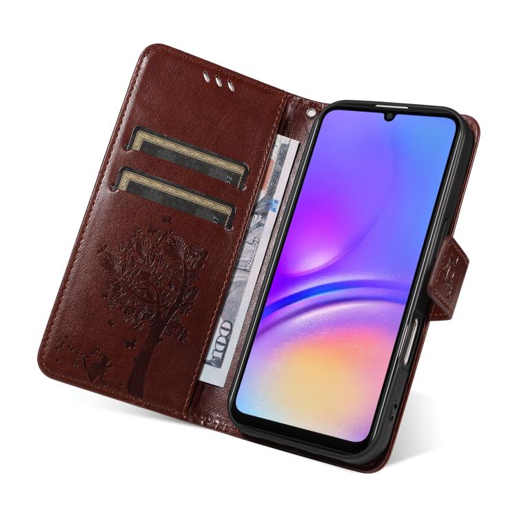 For Samsung Galaxy A07 5G Tree & Cat Embossed Pattern Flip Leather Phone Case