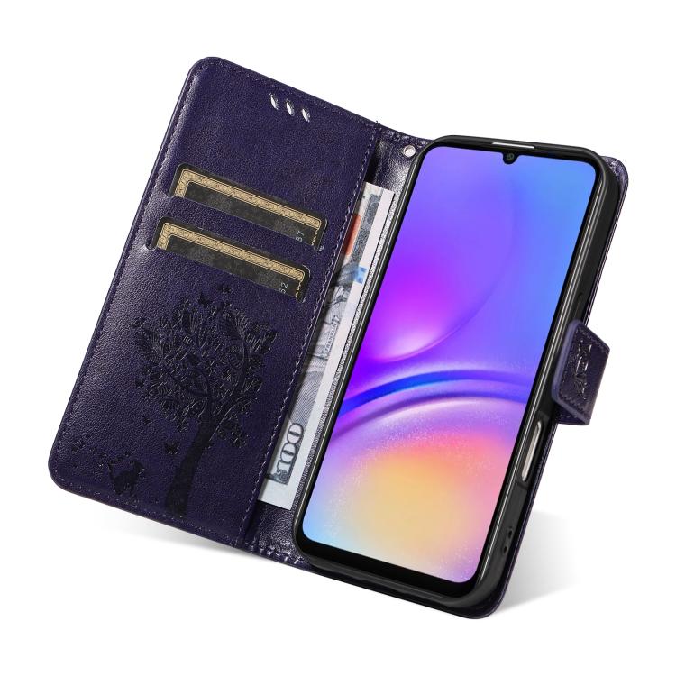 For Samsung Galaxy A07 5G Tree & Cat Embossed Pattern Flip Leather Phone Case