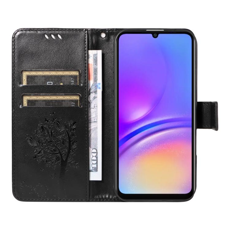 For Samsung Galaxy A07 5G Tree & Cat Embossed Pattern Flip Leather Phone Case