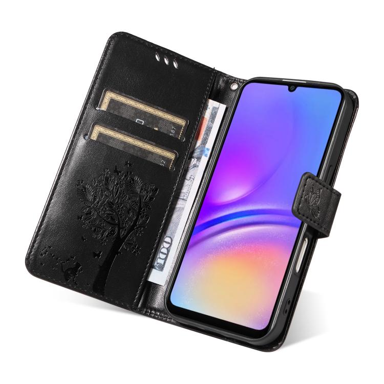 For Samsung Galaxy A07 5G Tree & Cat Embossed Pattern Flip Leather Phone Case