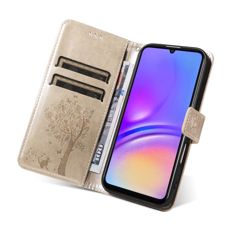 For Samsung Galaxy A07 5G Tree & Cat Embossed Pattern Flip Leather Phone Case