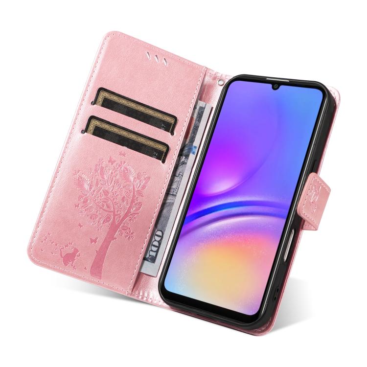 For Samsung Galaxy A07 5G Tree & Cat Embossed Pattern Flip Leather Phone Case