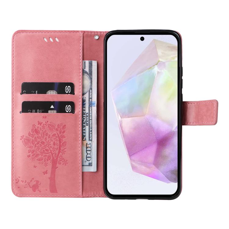 For Samsung Galaxy A56 5G Tree & Cat Embossed Pattern Flip Leather Phone Case
