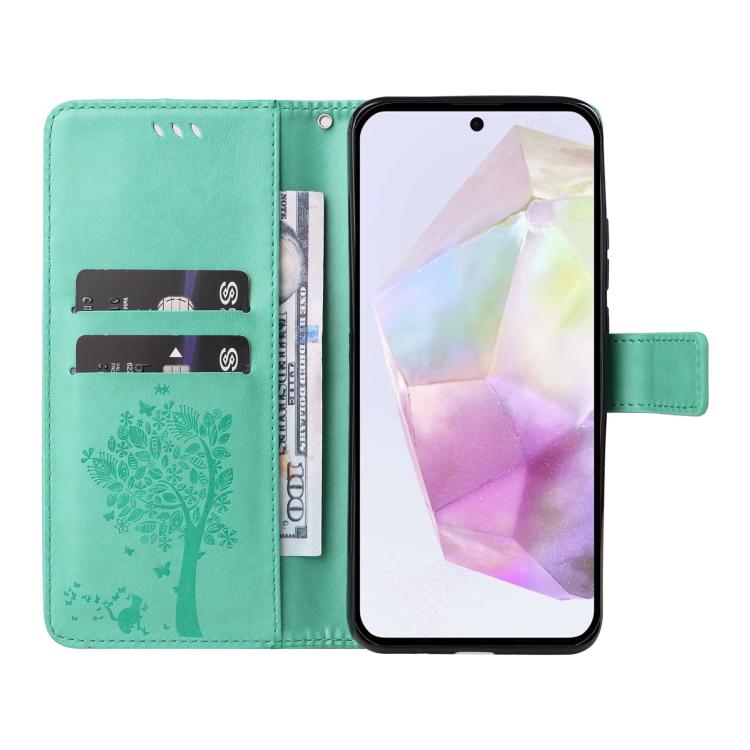 For Samsung Galaxy A56 5G Tree & Cat Embossed Pattern Flip Leather Phone Case