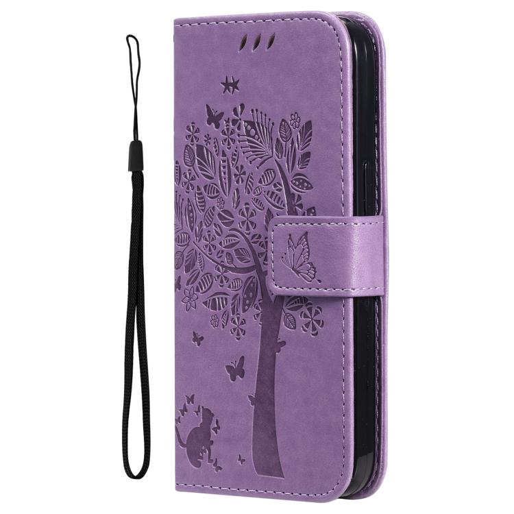For Samsung Galaxy A56 5G Tree & Cat Embossed Pattern Flip Leather Phone Case
