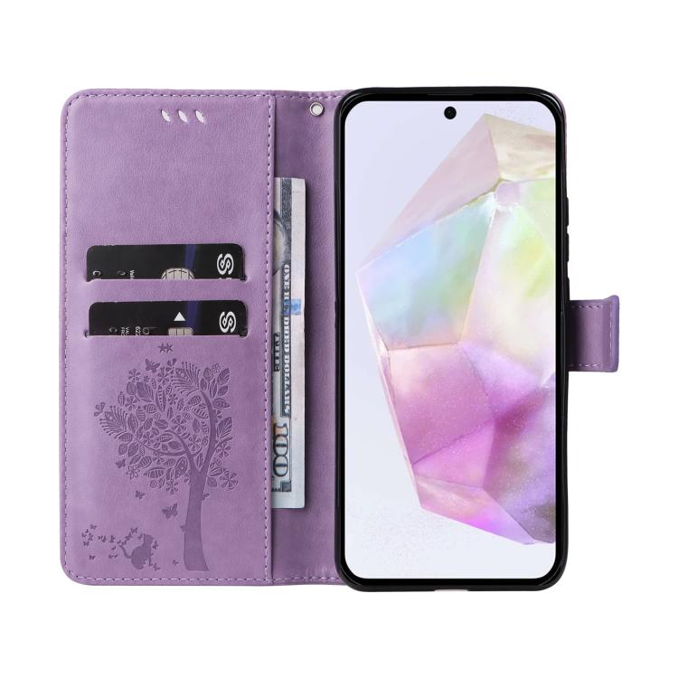 For Samsung Galaxy A56 5G Tree & Cat Embossed Pattern Flip Leather Phone Case