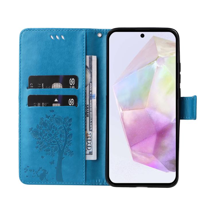 For Samsung Galaxy A56 5G Tree & Cat Embossed Pattern Flip Leather Phone Case