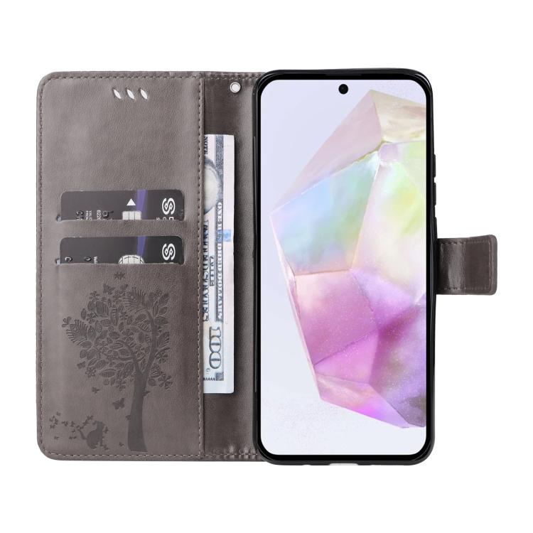 For Samsung Galaxy A56 5G Tree & Cat Embossed Pattern Flip Leather Phone Case