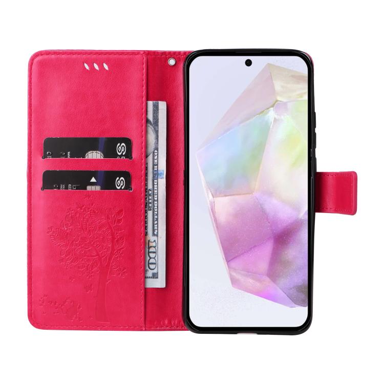 For Samsung Galaxy A56 5G Tree & Cat Embossed Pattern Flip Leather Phone Case